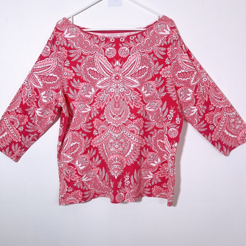 Talbots Plus 2X Red Pink Batik Paisley Medallion Boatneck 3/4 Sleeve Tee Top - Picture 4 of 5